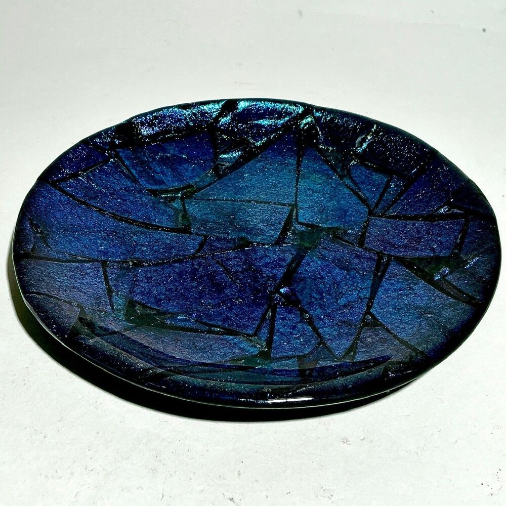 Decorative Fused Glass Plate – Signed “RAD ’92” Blue & Purple Mosaic Art 7”